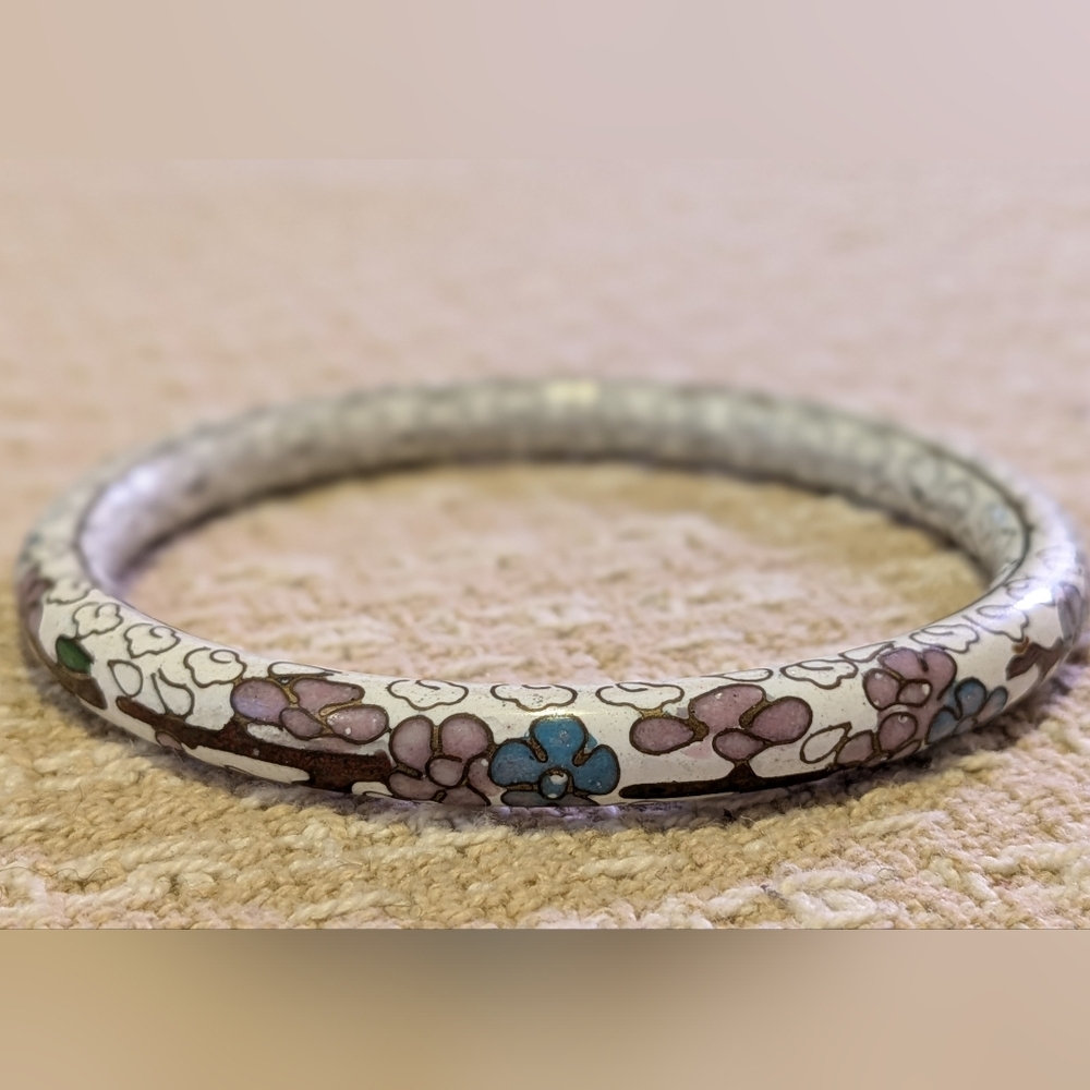 Vintage Chinese Cloisonne Enamel Floral Bangle Bracelet - Picture 2 of 3